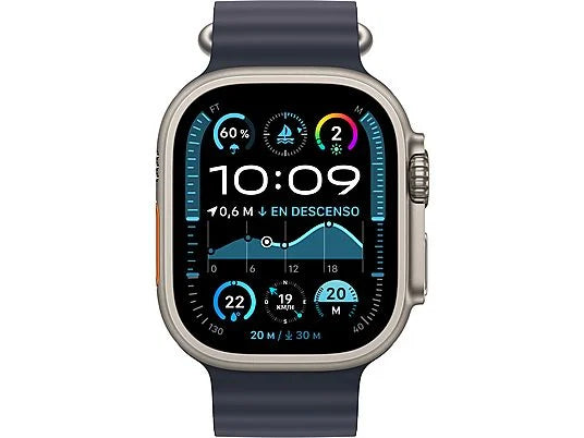 Apple Watch Ultra 2 (2024), GPS + Telemóvel, 49 mm, Caixa em Titânio Natural, Gesto de Toque Duplo, Bracelete Ocean em Azul Marinho