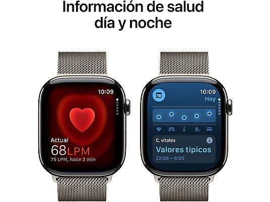 Apple Watch Series 10 (2024), GPS + Telemóvel, 46 mm, Gesto de Toque Duplo, Caixa em Titânio Natural, Bracelete Milanese Loop Natural, Tamanho S/M