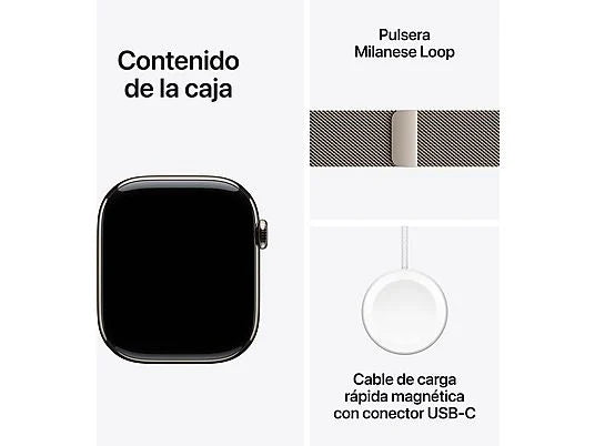 Apple Watch Series 10 (2024), GPS + Telemóvel, 46 mm, Gesto de Toque Duplo, Caixa em Titânio Natural, Bracelete Milanese Loop Natural, Tamanho S/M