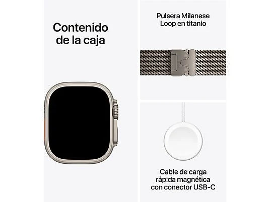 Apple Watch Ultra 2 (2024), GPS + Telemóvel, 49 mm, Caixa em Titânio Natural, Gesto de Toque Duplo, Bracelete Milanese Loop em Titânio Natural, Tamanho L
