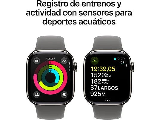 Apple Watch Series 10 (2024), GPS + Cellular, 42 mm, gesto de duplo toque, caixa em titânio natural, bracelete desportiva cinzenta pedra, tamanho M/G