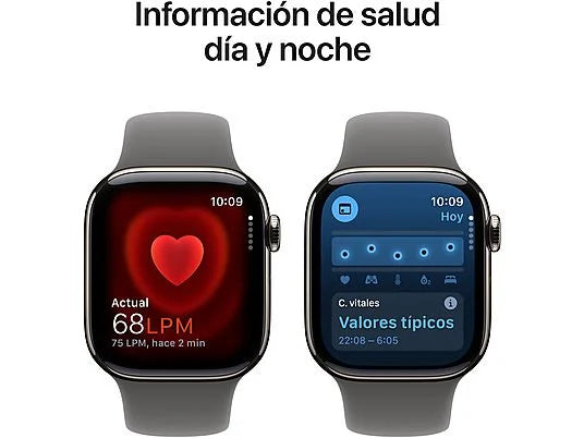 Apple Watch Series 10 (2024), GPS + Cellular, 42 mm, gesto de duplo toque, caixa em titânio natural, bracelete desportiva cinzenta pedra, tamanho M/G