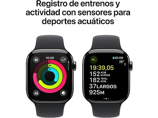 Apple Watch Series 10 (2024), GPS + Cellular, 42 mm, Gesto de doble toque, Caja de titanio Pizarra, Correa deportiva Negra, Talla M/L