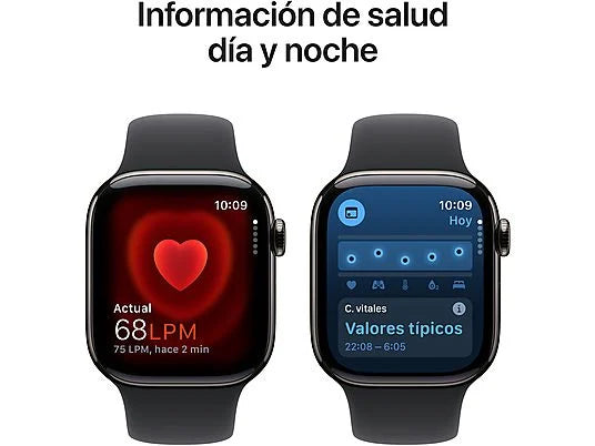 Apple Watch Series 10 (2024), GPS + Cellular, 42 mm, Gesto de doble toque, Caja de titanio Pizarra, Correa deportiva Negra, Talla M/L