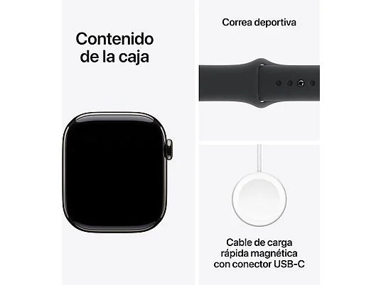 Apple Watch Series 10 (2024), GPS + Cellular, 42 mm, Gesto de doble toque, Caja de titanio Pizarra, Correa deportiva Negra, Talla M/L