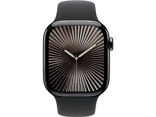 Apple Watch Series 10 (2024), GPS + Cellular, 42 mm, Gesto de doble toque, Caja de titanio Pizarra, Correa deportiva Negra, Talla M/L