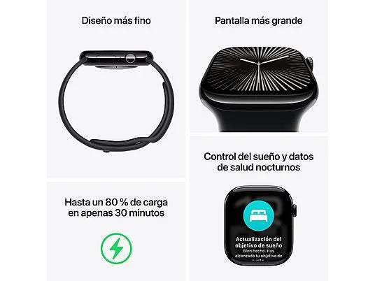 Apple Watch Series 10 (2024), GPS + Cellular, 42 mm, Gesto de doble toque, Caja de titanio Pizarra, Correa deportiva Negra, Talla M/L