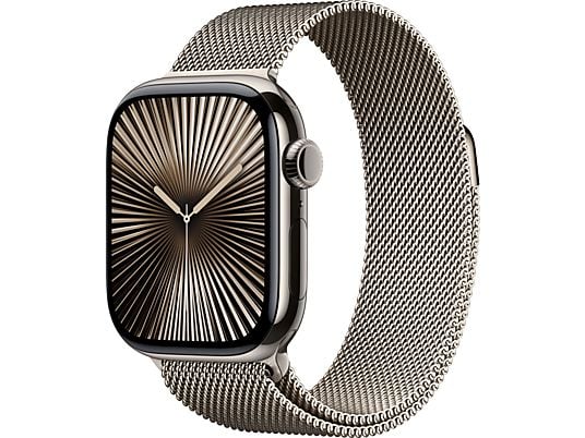 Apple Watch Series 10 (2024), GPS + Telemóvel, 46 mm, Gesto de Toque Duplo, Caixa em Titânio Natural, Bracelete Milanese Loop Natural, Tamanho S/M