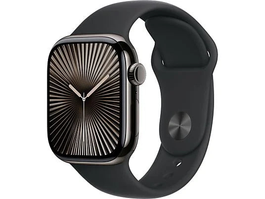 Apple Watch Series 10 (2024), GPS + Cellular, 42 mm, gesto de duplo toque, caixa em titânio cinzento-ardósia, bracelete desportiva preta, tamanho M/G