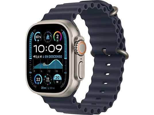 Apple Watch Ultra 2 (2024), GPS + Telemóvel, 49 mm, Caixa em Titânio Natural, Gesto de Toque Duplo, Bracelete Ocean em Azul Marinho
