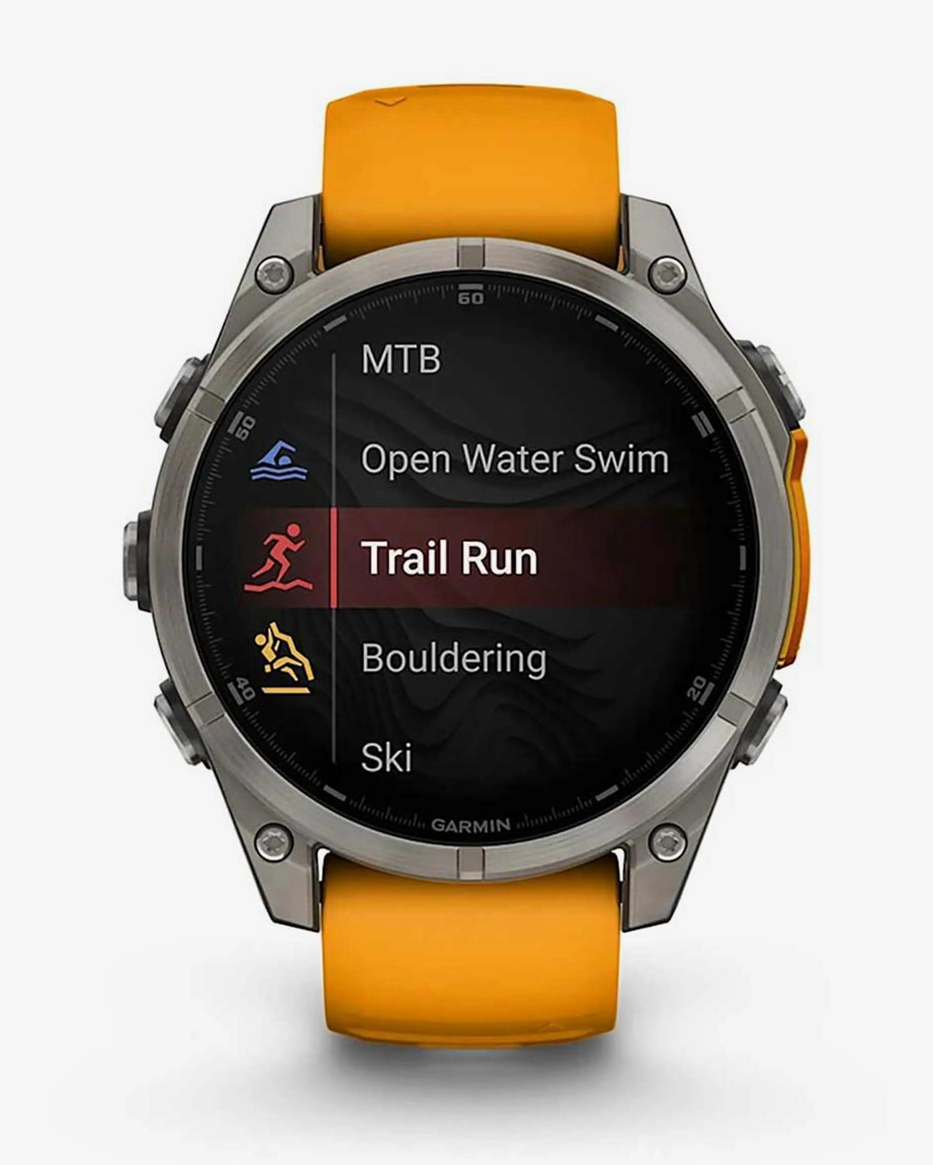 Garmin Fenix 8 AMOLED Sapphire 47mm Titânio Prata Pulseira Laranja