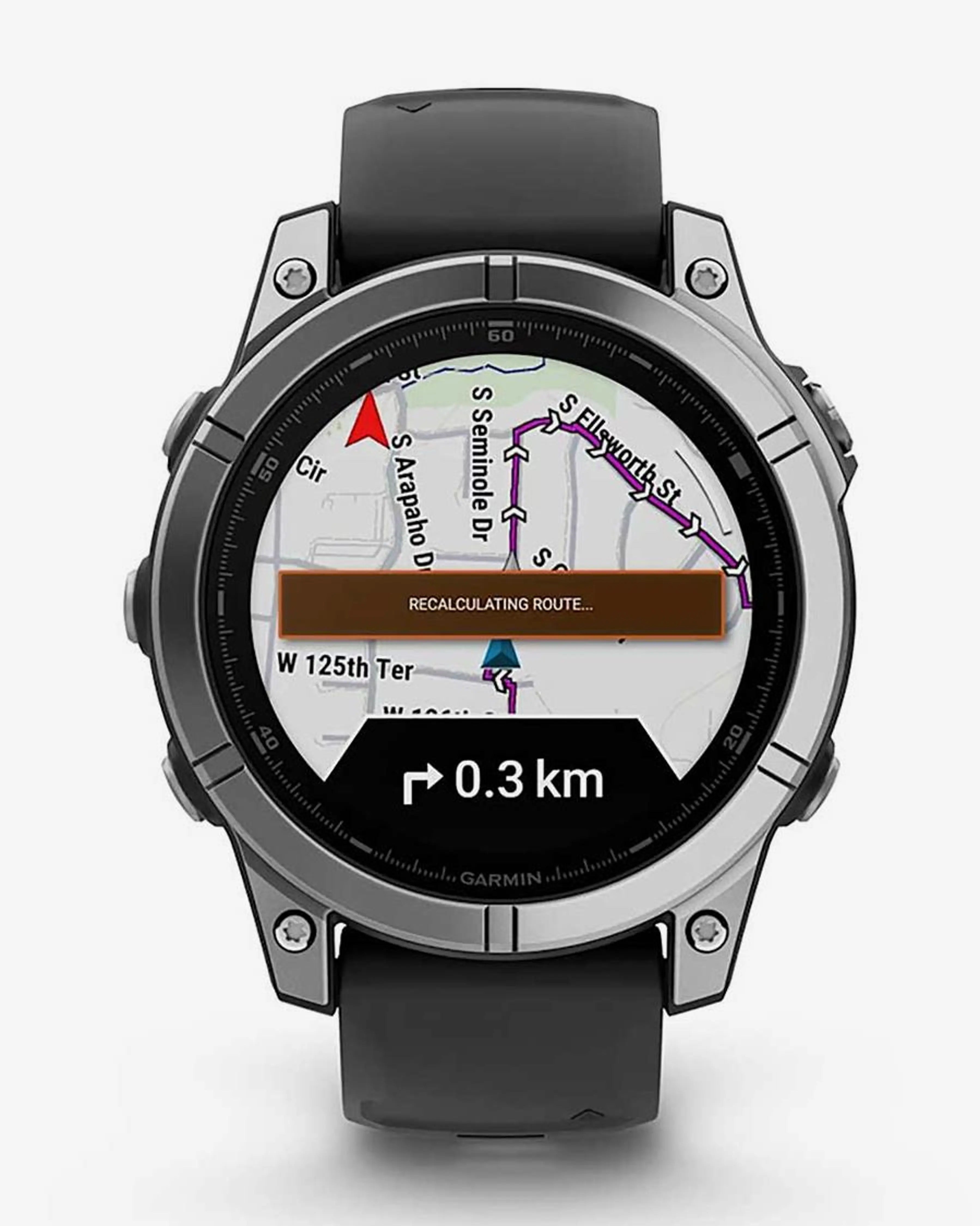 Bracelete Garmin Fenix E em aço inoxidável, 47 mm, cinzento e preto.