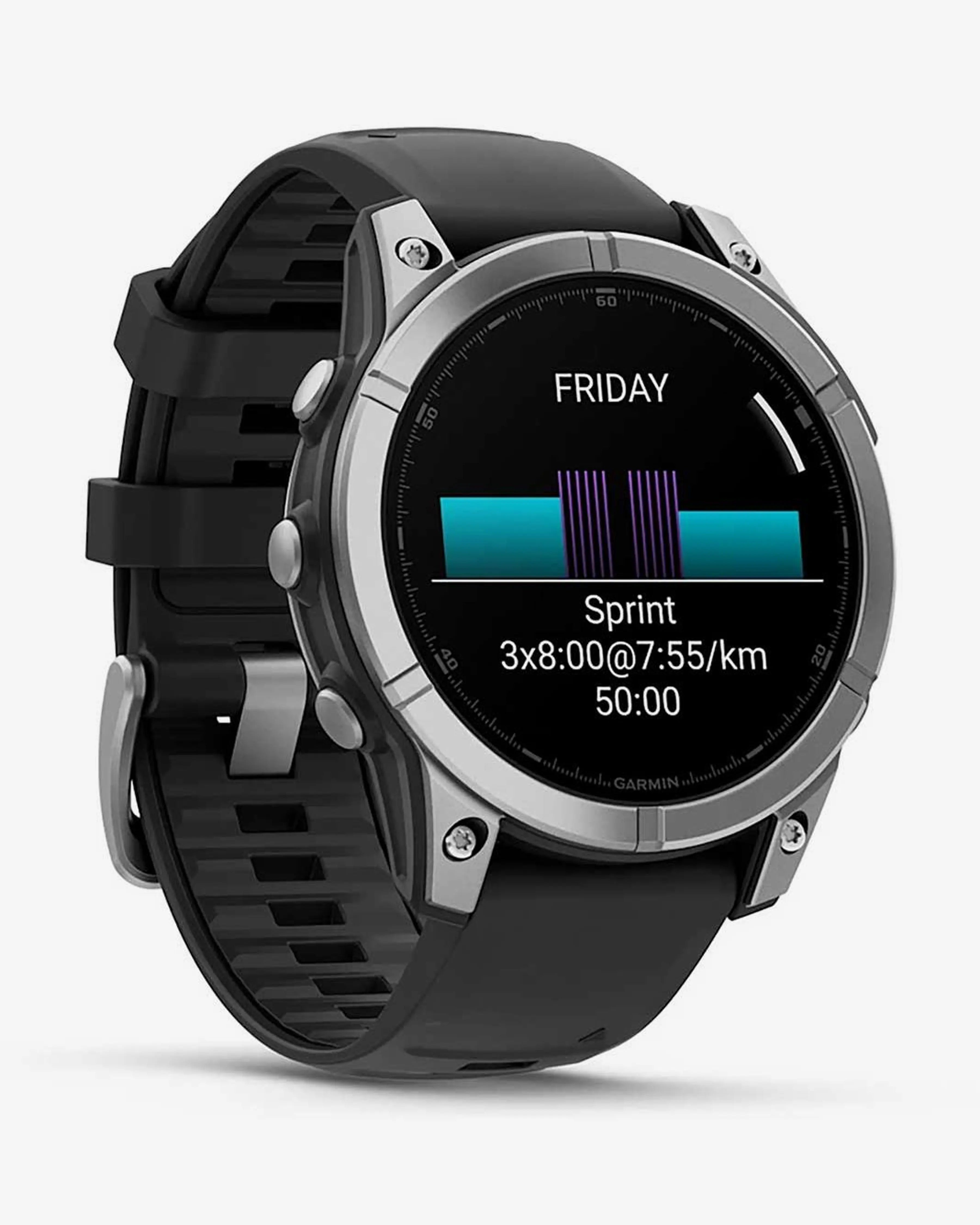 Bracelete Garmin Fenix E em aço inoxidável, 47 mm, cinzento e preto.