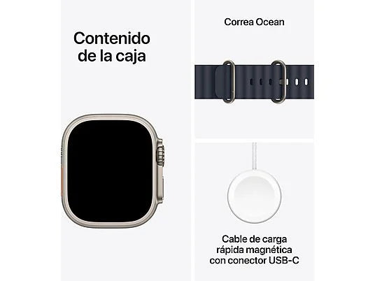 Apple Watch Ultra 2 (2024), GPS + Telemóvel, 49 mm, Caixa em Titânio Natural, Gesto de Toque Duplo, Bracelete Ocean em Azul Marinho