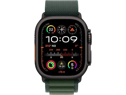 Apple Watch Ultra 2 (2024), GPS + Telemóvel, 49 mm, Caixa em Titânio Preto, Gesto de Toque Duplo, Bracelete Alpine Loop Verde Escuro, Tamanho L