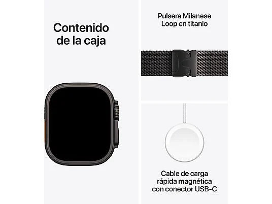 Apple Watch Ultra 2 (2024), GPS + Telemóvel, 49 mm, Caixa em Titânio Preto, Gesto de Toque Duplo, Bracelete Milanese Loop em Titânio Preto, Tamanho S