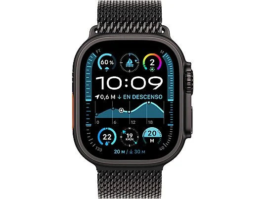 Apple Watch Ultra 2 (2024), GPS + Telemóvel, 49 mm, Caixa em Titânio Preto, Gesto de Toque Duplo, Bracelete Milanese Loop em Titânio Preto, Tamanho L