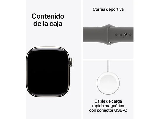 Apple Watch Series 10 (2024), GPS + Cellular, 42 mm, gesto de duplo toque, caixa em titânio natural, bracelete desportiva cinzenta pedra, tamanho M/G