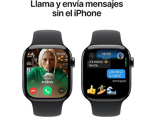 Apple Watch Series 10 (2024), GPS + Cellular, 42 mm, gesto de duplo toque, caixa em titânio cinzento-ardósia, bracelete desportiva preta, tamanho M/G