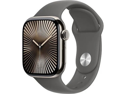 Apple Watch Series 10 (2024), GPS + Cellular, 42 mm, gesto de duplo toque, caixa em titânio natural, bracelete desportiva cinzenta pedra, tamanho M/G