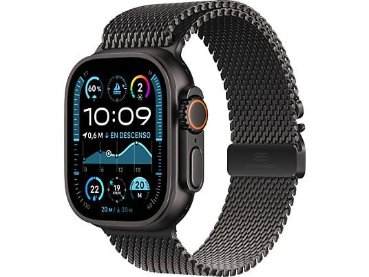 Apple Watch Ultra 2 (2024), GPS + Telemóvel, 49 mm, Caixa em Titânio Preto, Gesto de Toque Duplo, Bracelete Milanese Loop em Titânio Preto, Tamanho L