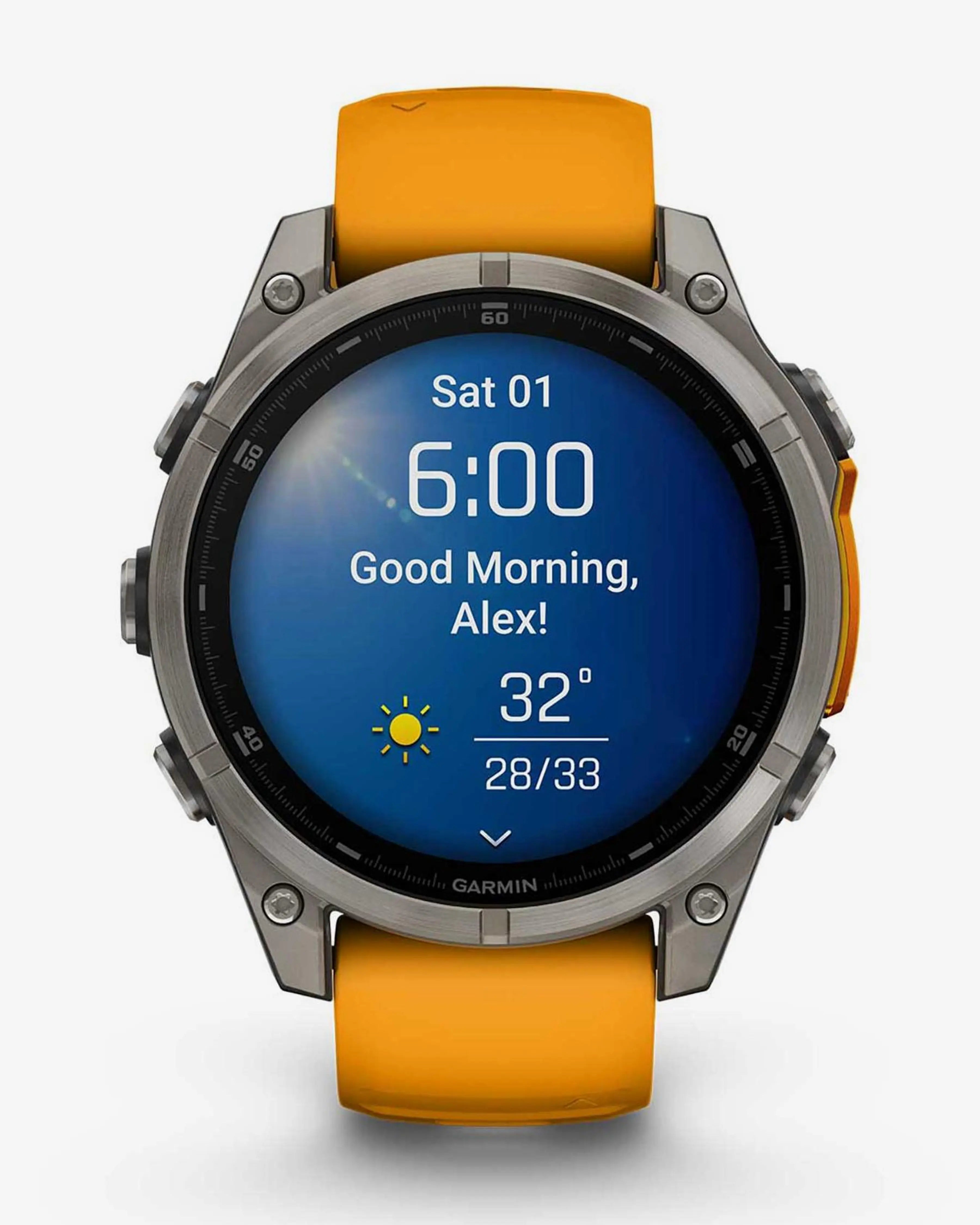 Garmin Fenix ​​​​8 AMOLED Sapphire 47mm Titânio Prata Pulseira Laranja