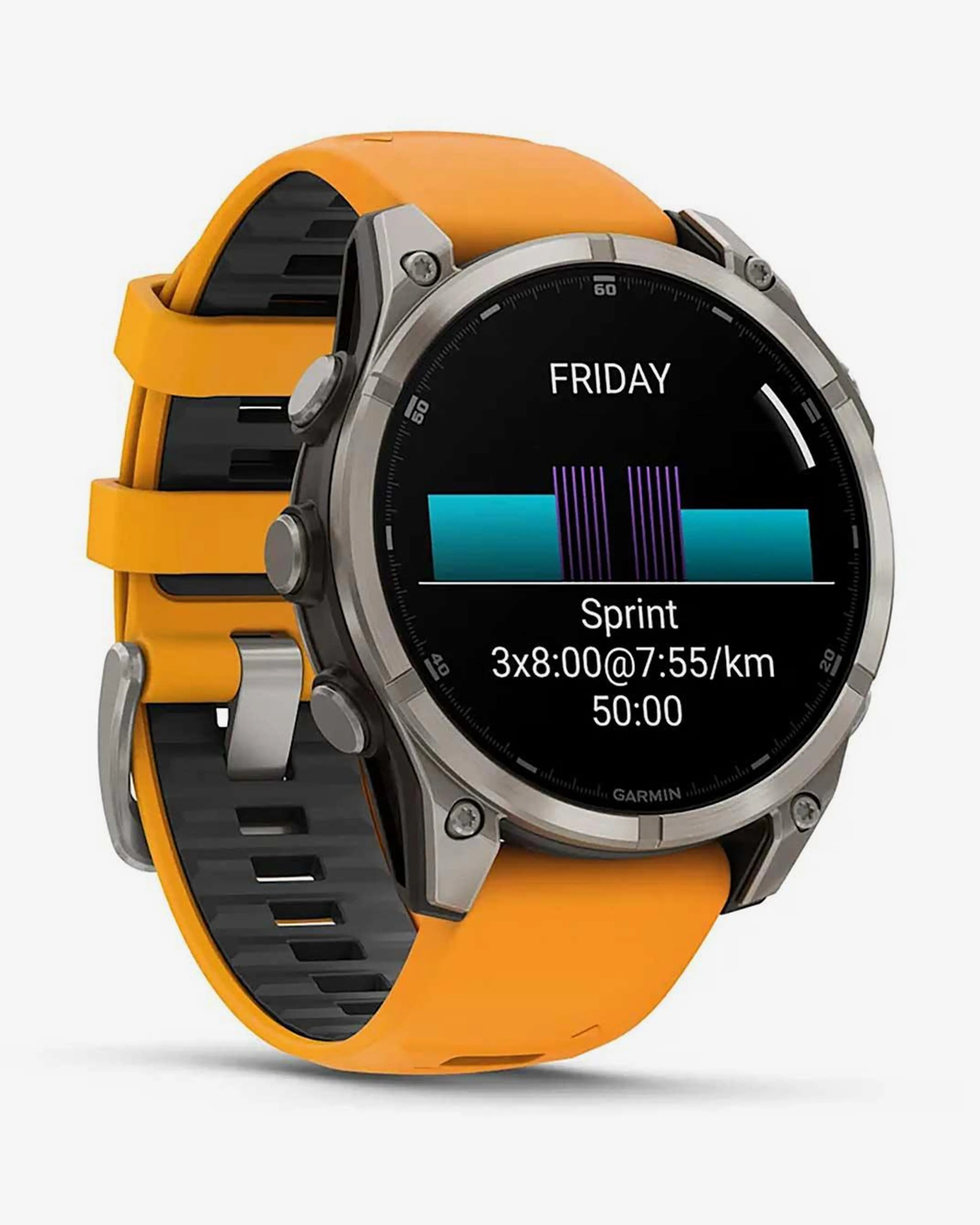 Garmin Fenix ​​​​8 AMOLED Sapphire 47mm Titânio Prata Pulseira Laranja