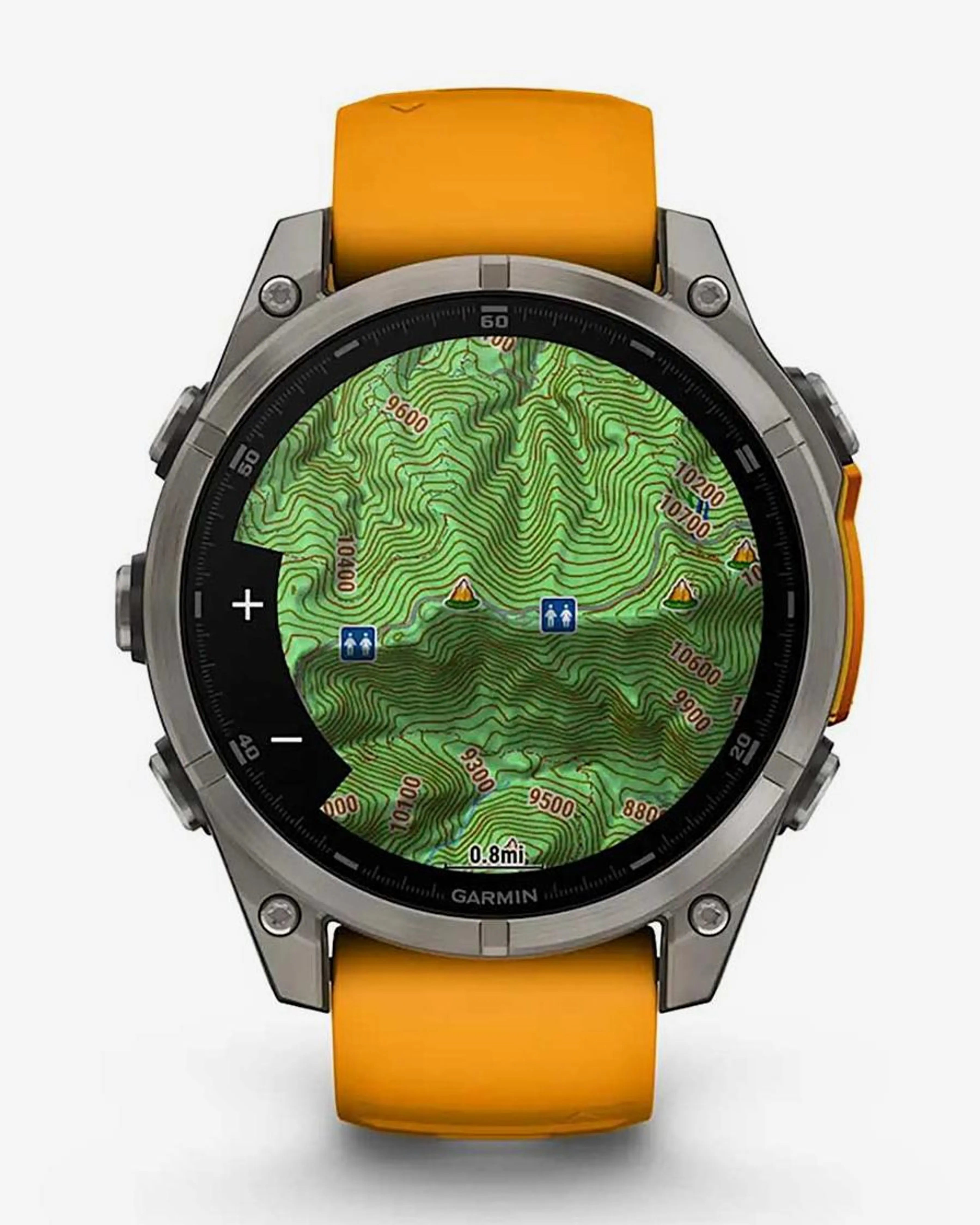 Garmin Fenix ​​​​8 AMOLED Sapphire 47mm Titânio Prata Pulseira Laranja