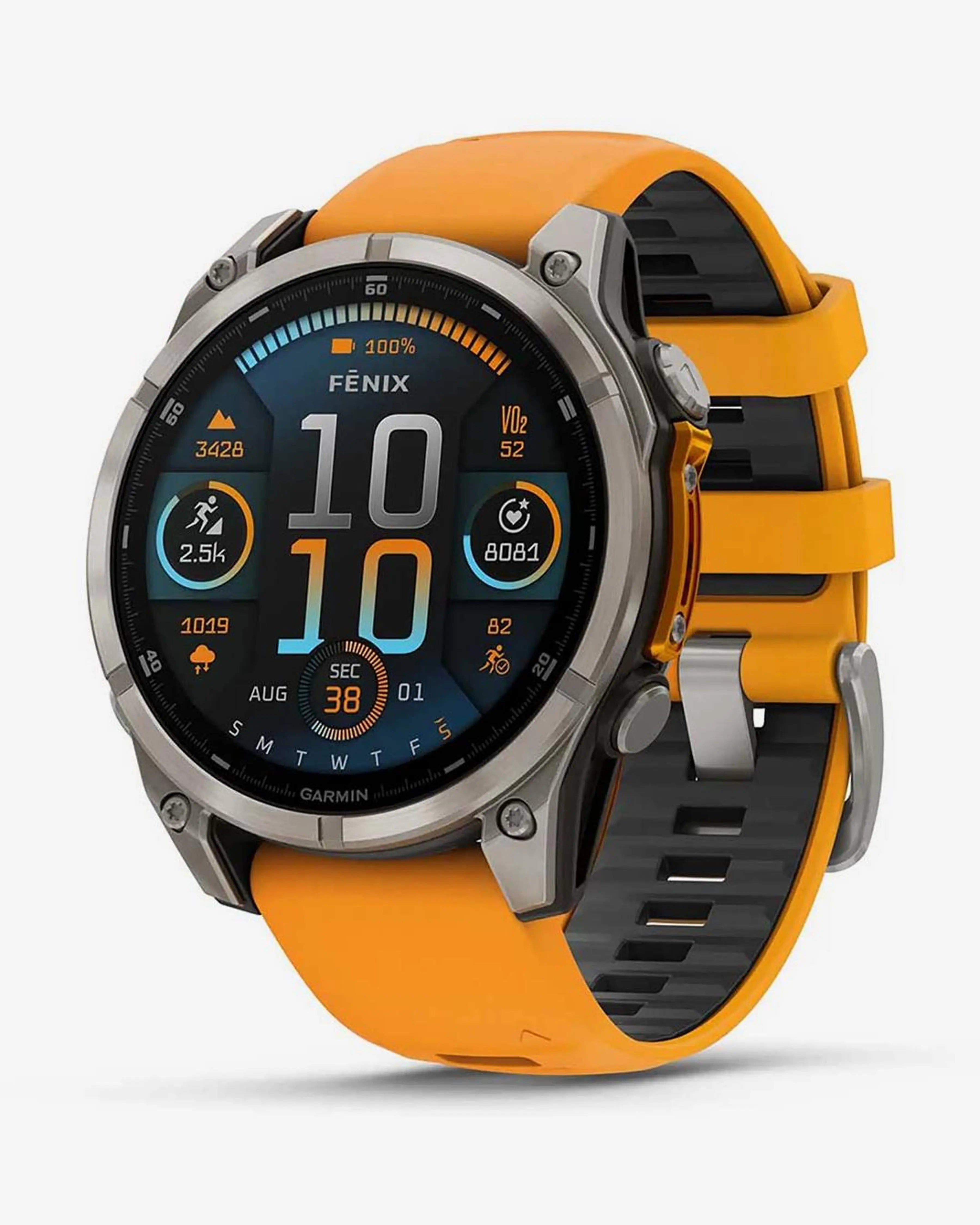 Garmin Fenix ​​​​8 AMOLED Sapphire 47mm Titânio Prata Pulseira Laranja