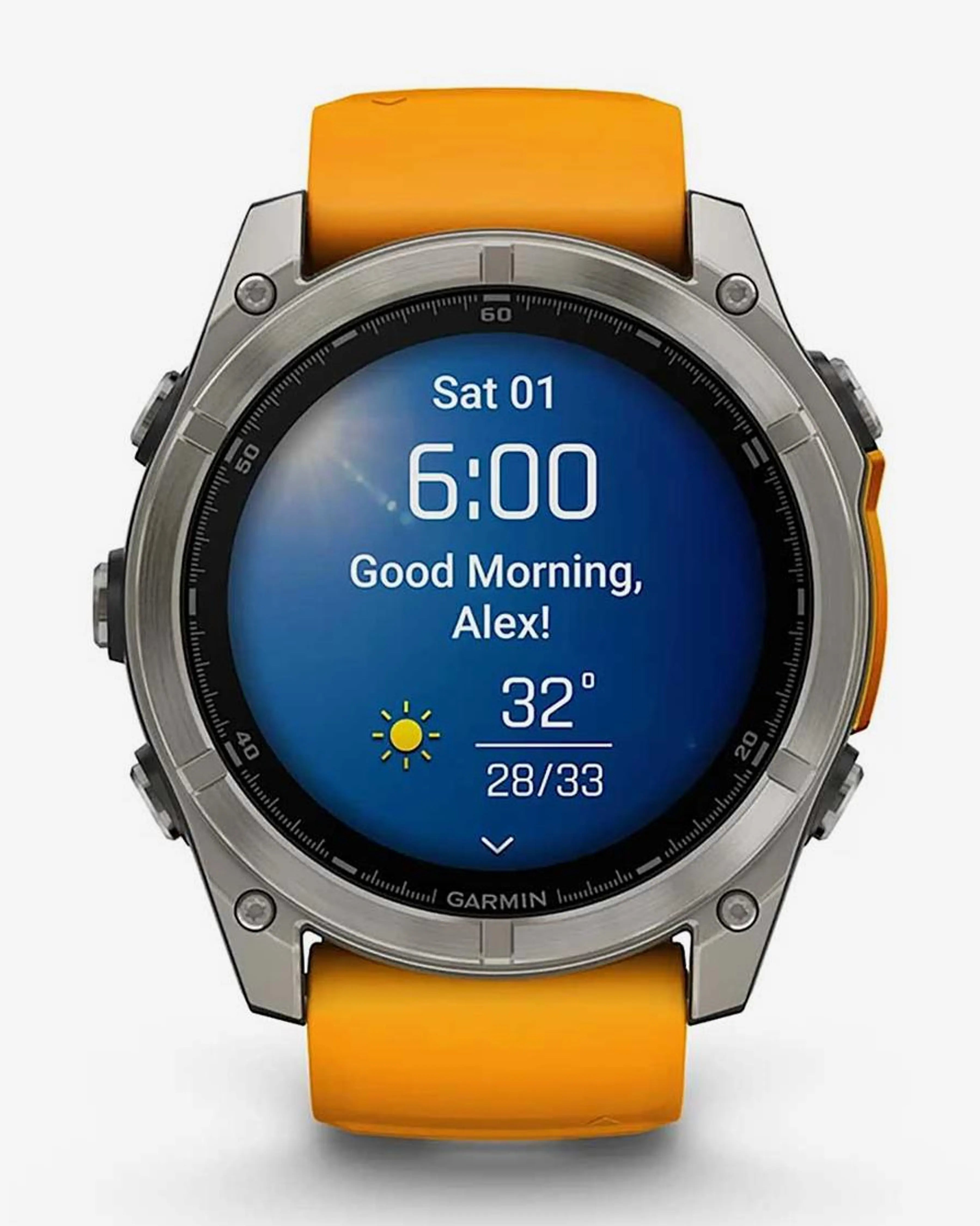 Garmin Fenix ​​​​8 AMOLED Sapphire 51mm Titânio Prata Pulseira Laranja