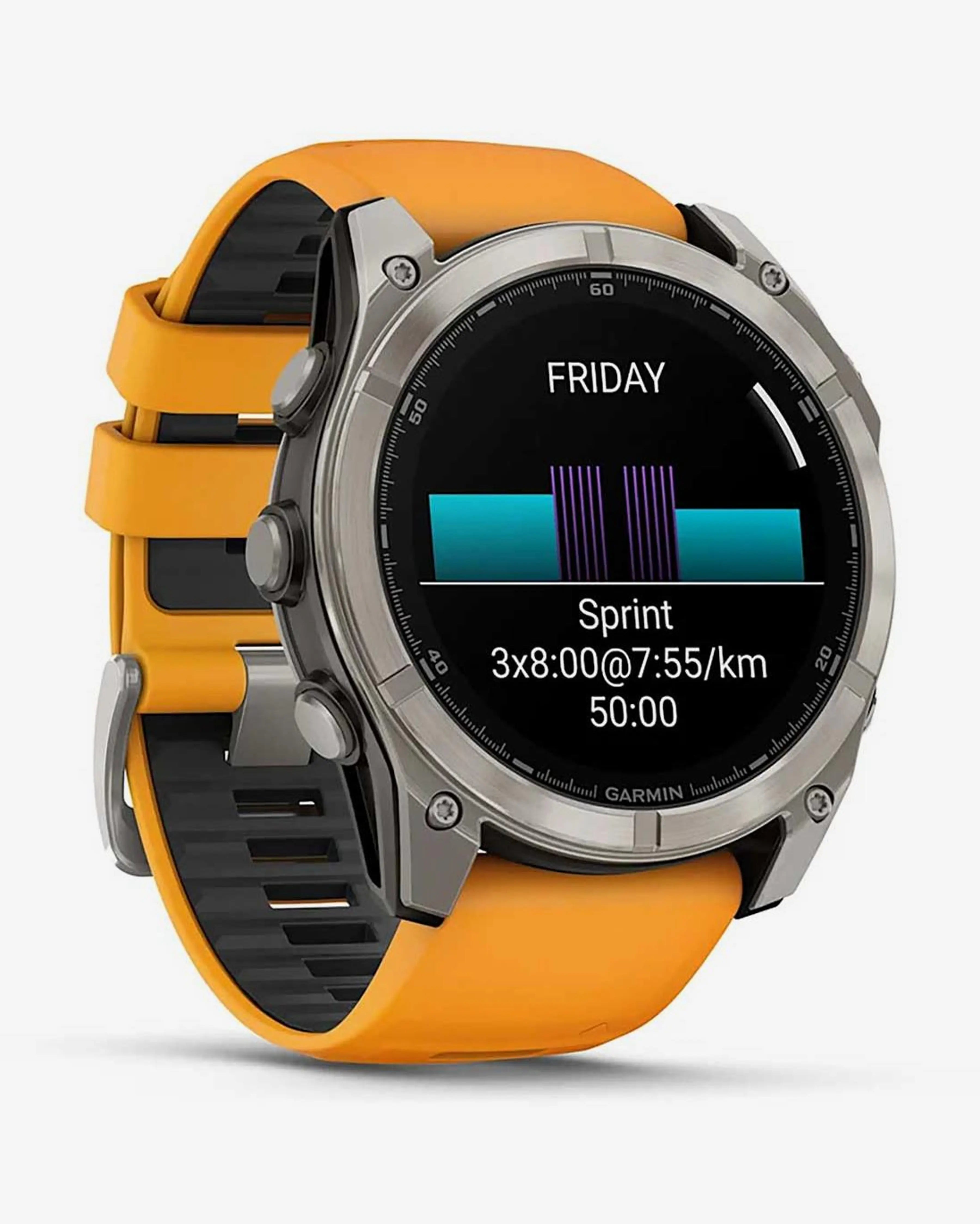 Garmin Fenix ​​​​8 AMOLED Sapphire 51mm Titânio Prata Pulseira Laranja