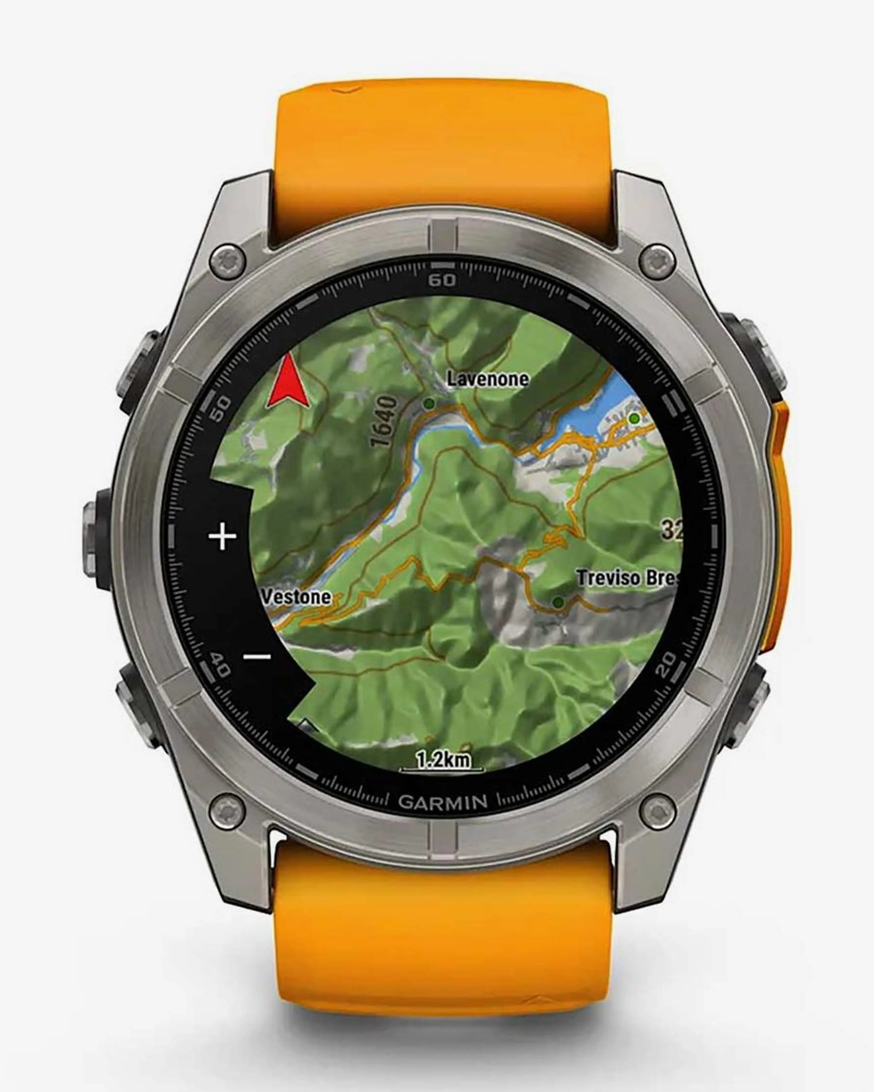 Garmin Fenix ​​​​8 AMOLED Sapphire 51mm Titânio Prata Pulseira Laranja