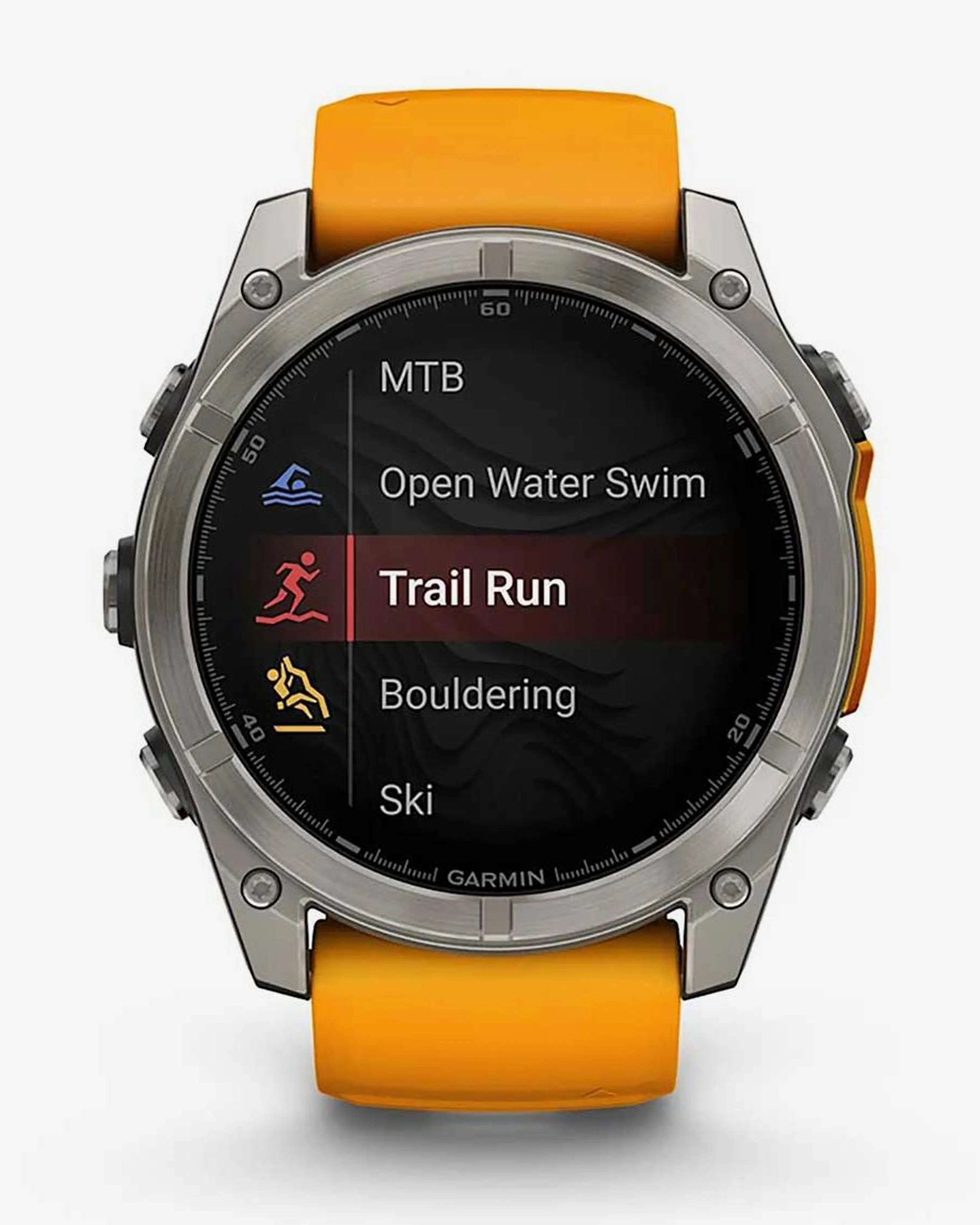 Garmin Fenix ​​​​8 AMOLED Sapphire 51mm Titânio Prata Pulseira Laranja