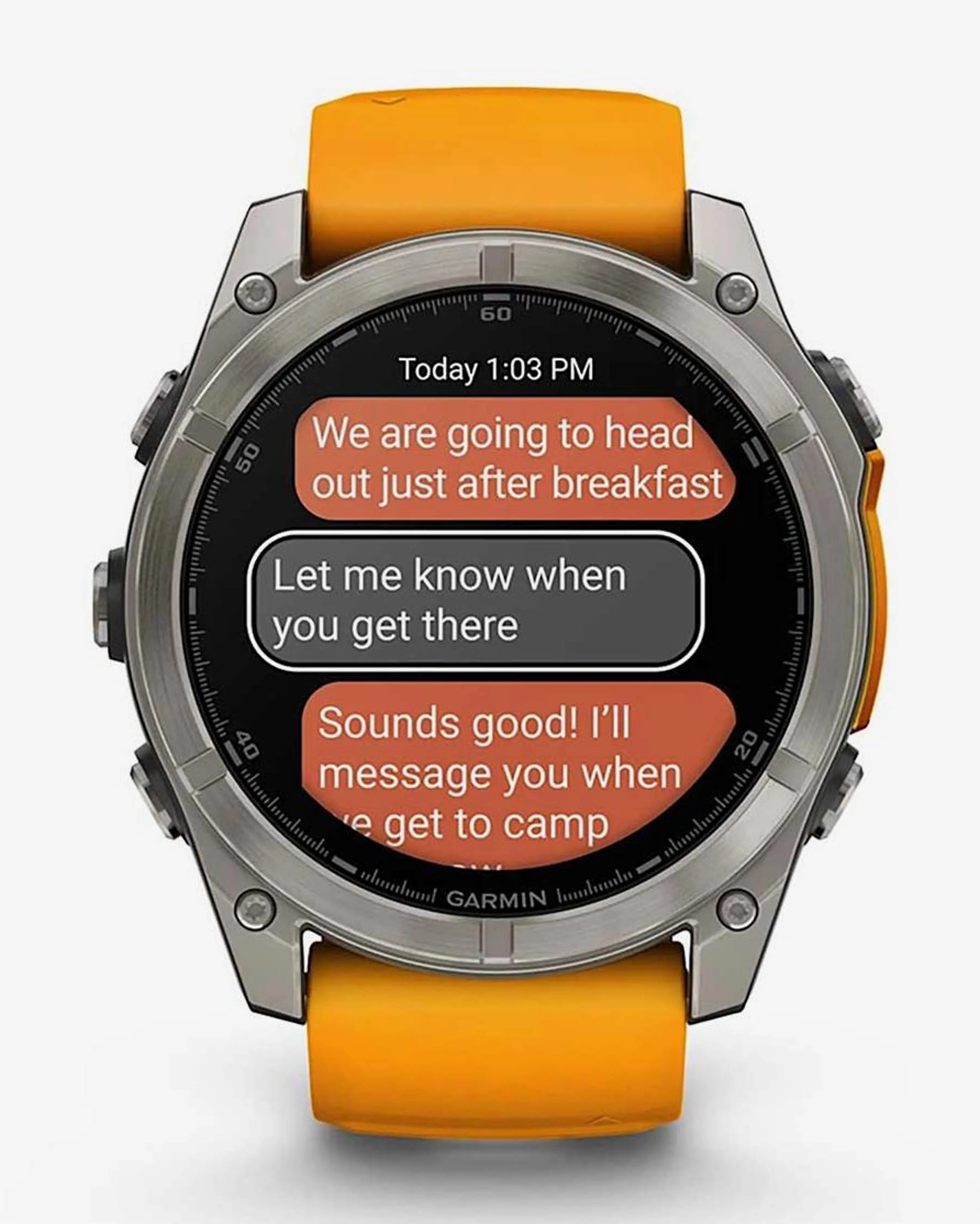Garmin Fenix ​​​​8 AMOLED Sapphire 51mm Titânio Prata Pulseira Laranja