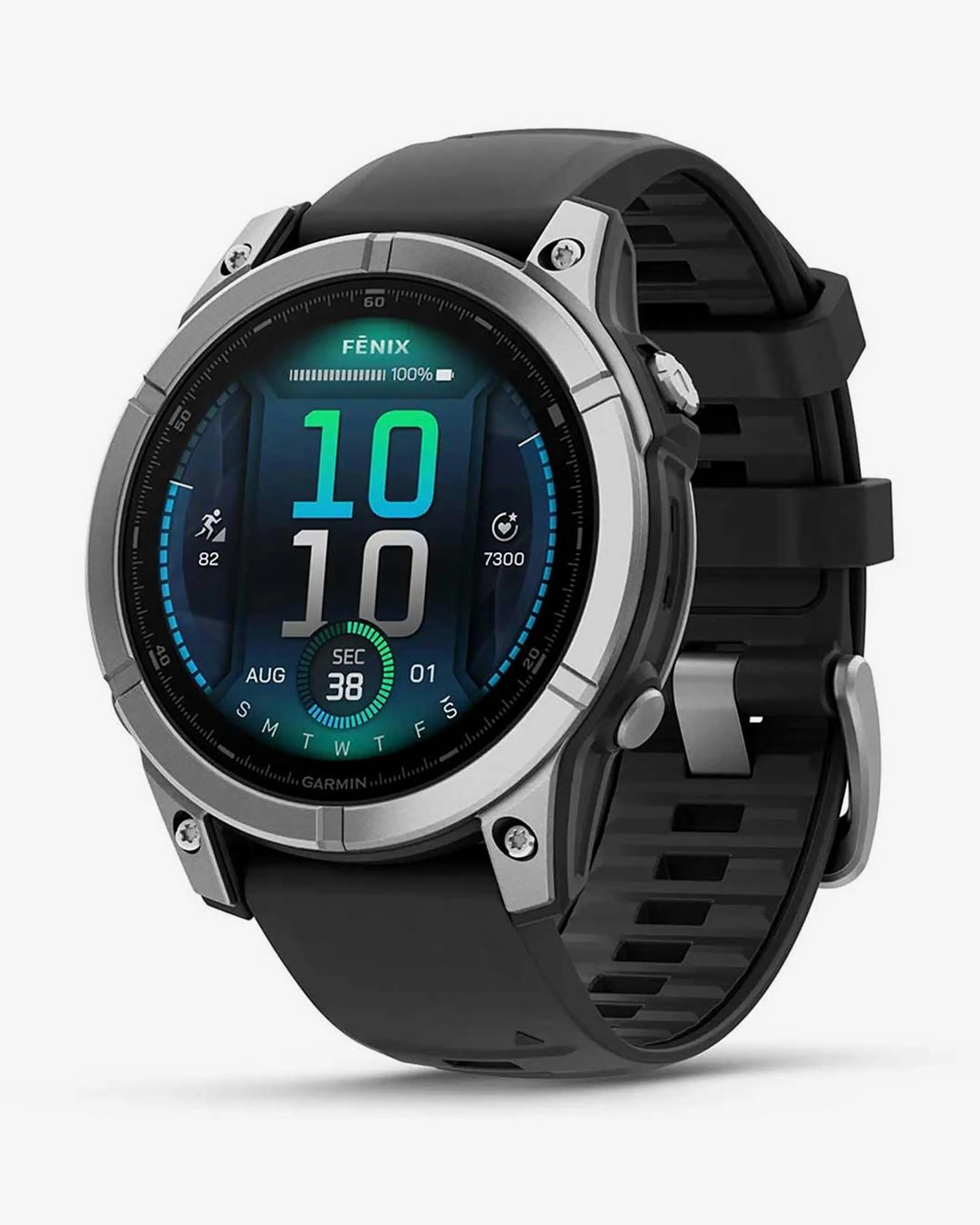 Bracelete Garmin Fenix ​​E em aço inoxidável, 47 mm, cinzento e preto.