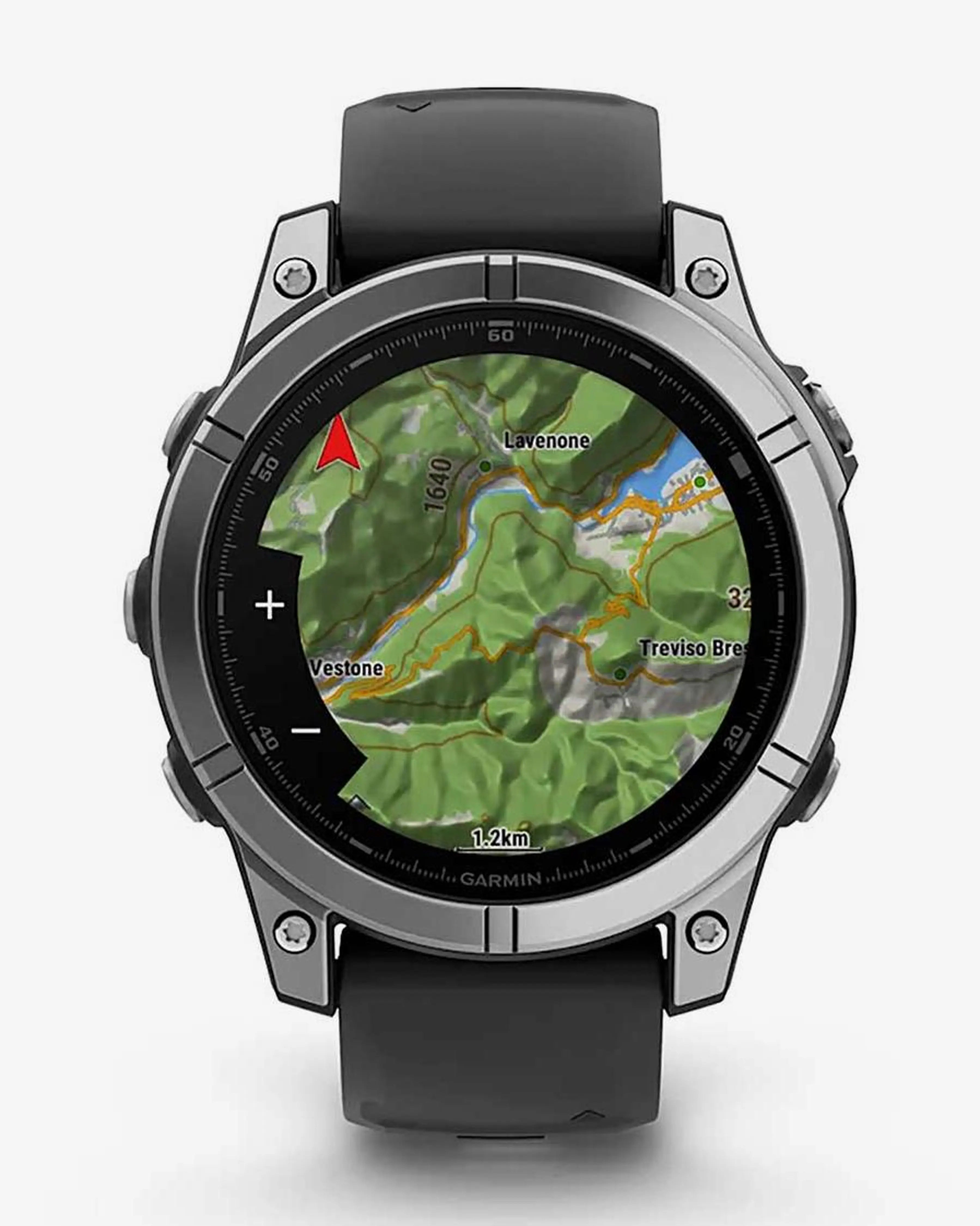 Bracelete Garmin Fenix ​​E em aço inoxidável, 47 mm, cinzento e preto.