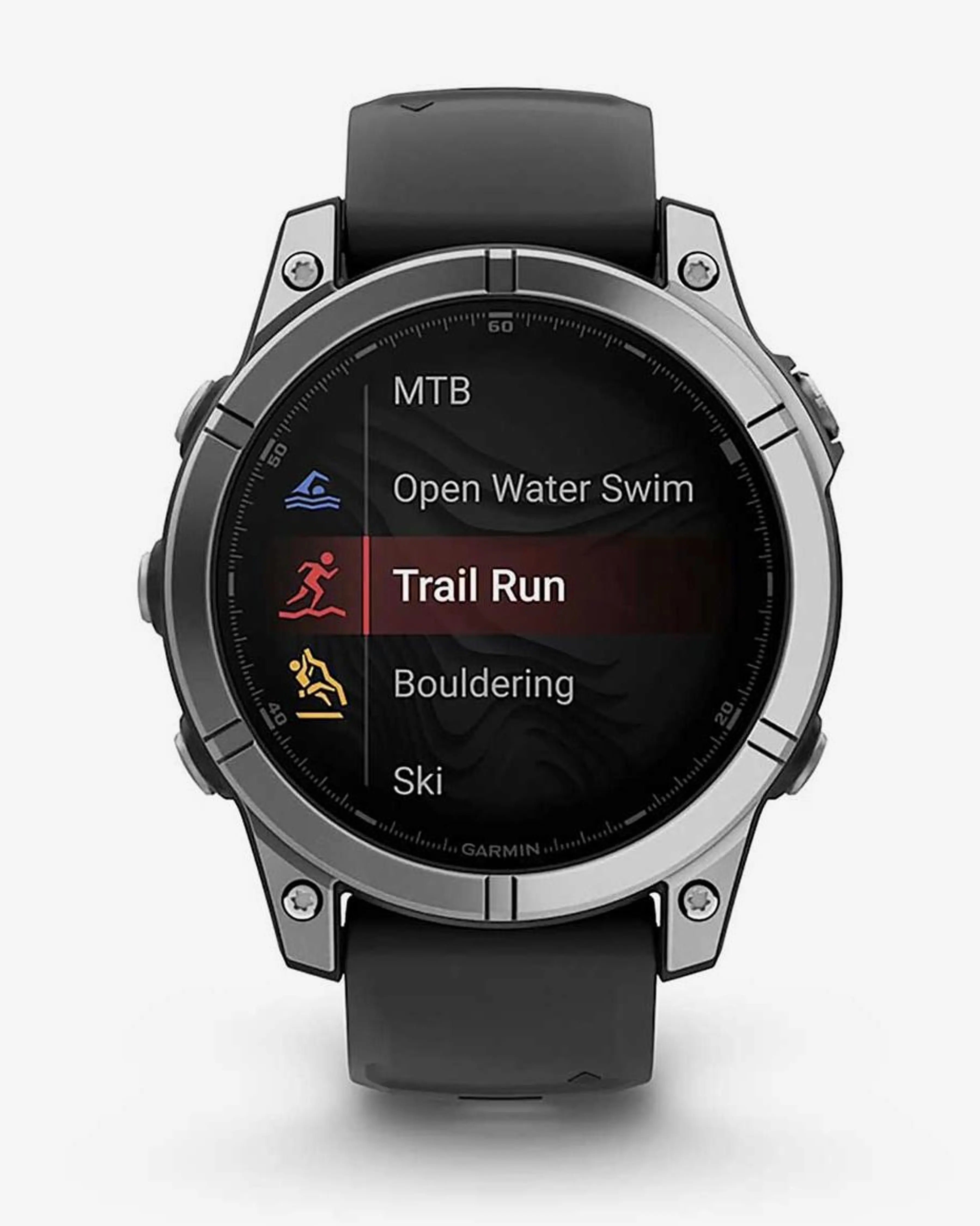 Bracelete Garmin Fenix ​​E em aço inoxidável, 47 mm, cinzento e preto.