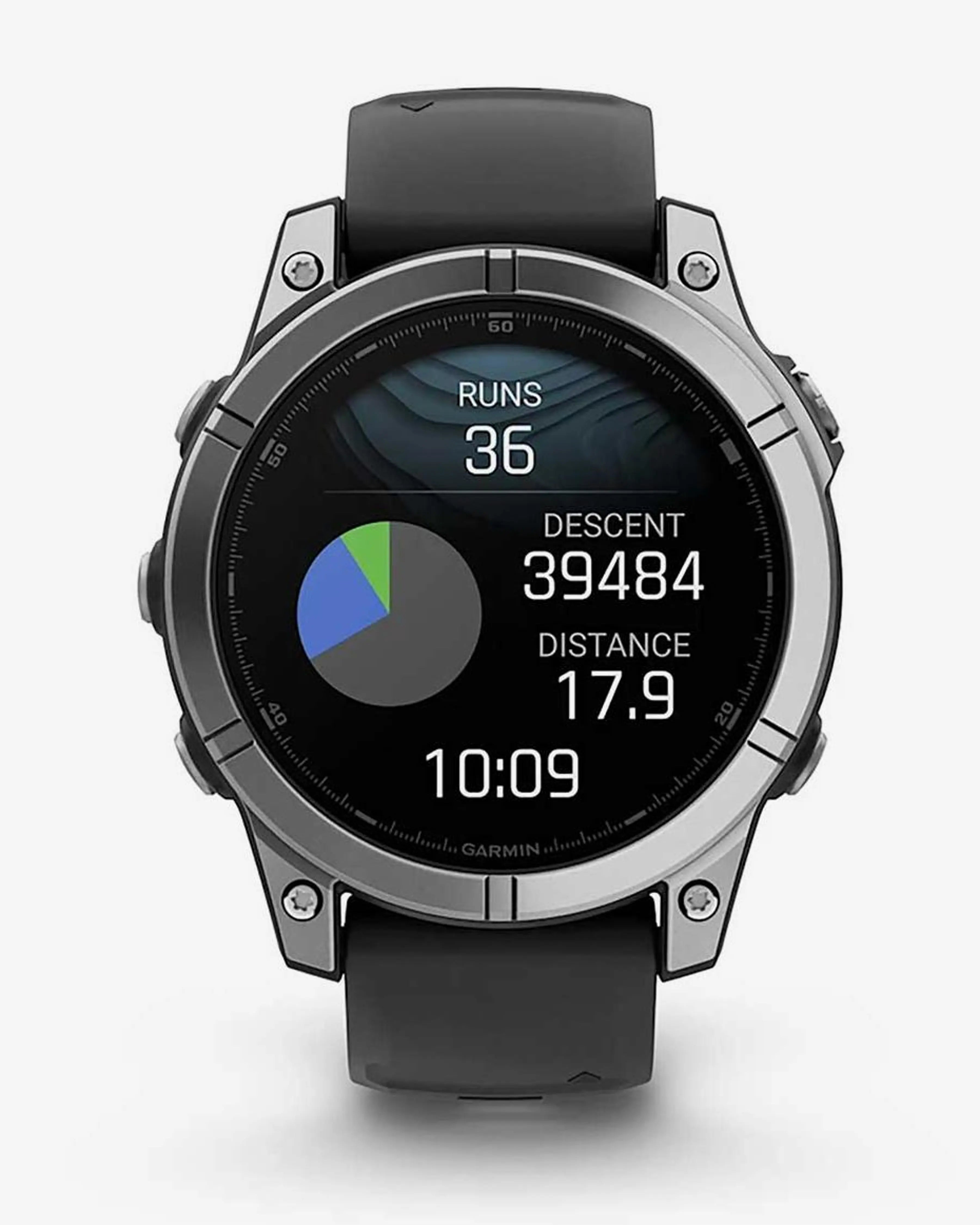 Bracelete Garmin Fenix ​​E em aço inoxidável, 47 mm, cinzento e preto.