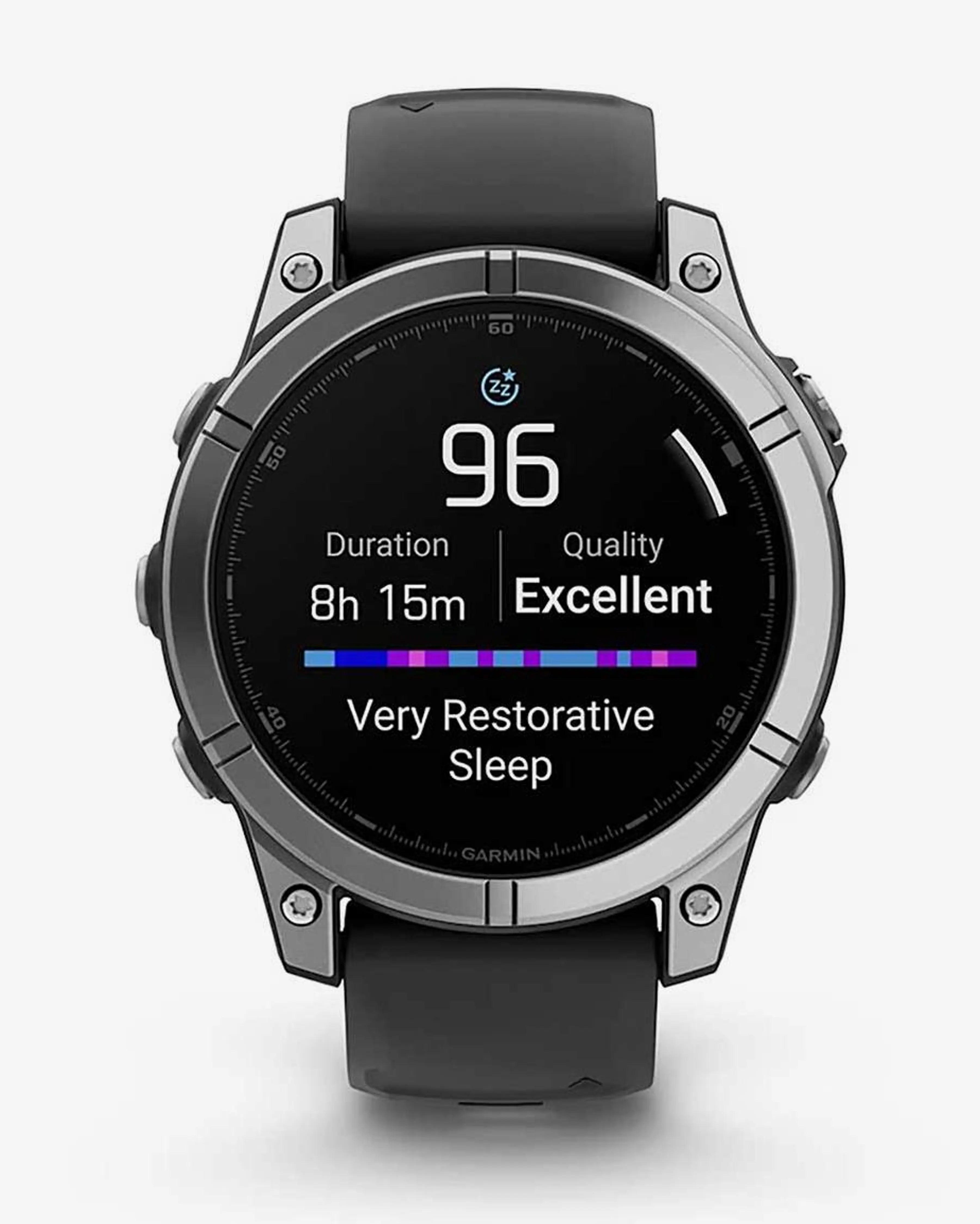 Bracelete Garmin Fenix ​​E em aço inoxidável, 47 mm, cinzento e preto.