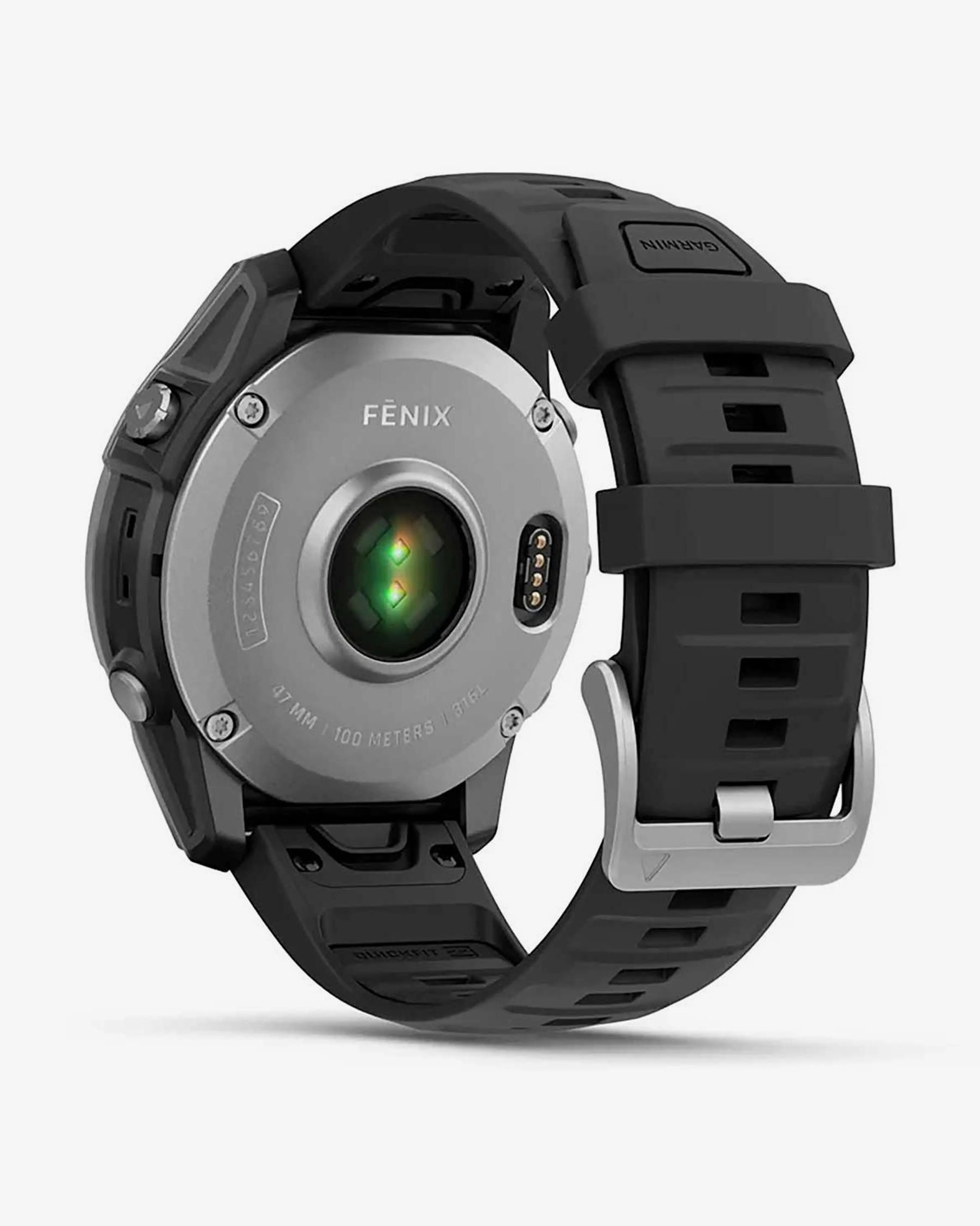Bracelete Garmin Fenix ​​E em aço inoxidável, 47 mm, cinzento e preto.